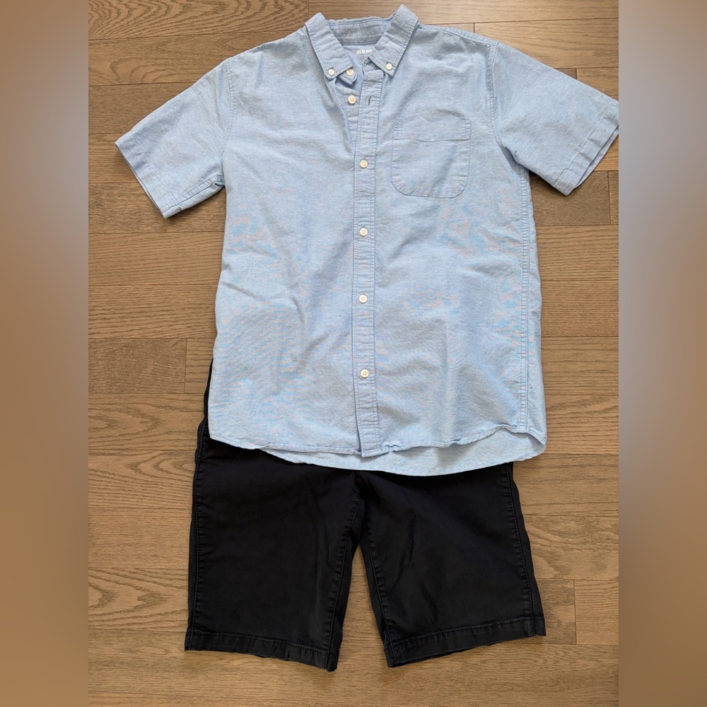 Light Blue Button-Up Shirt and Navy Shorts